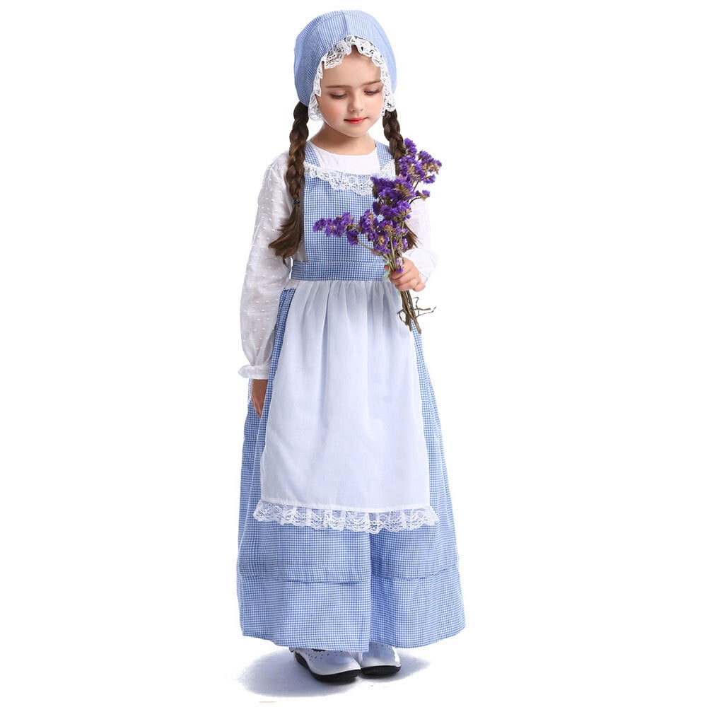 Girls Pioneer Costume Long Sleeve Dress with Apron colonial bonnet for 3-12Y