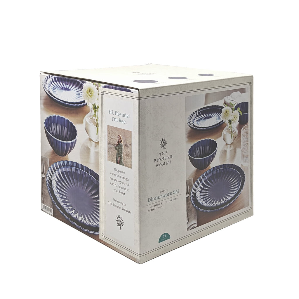 The Pioneer Woman Colette 12-Piece Stoneware Dinnerware Set, Blue