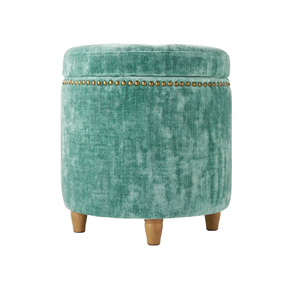 The Pioneer Woman Harper Round Velvet Storage Ottoman, Jade, 17.72 in