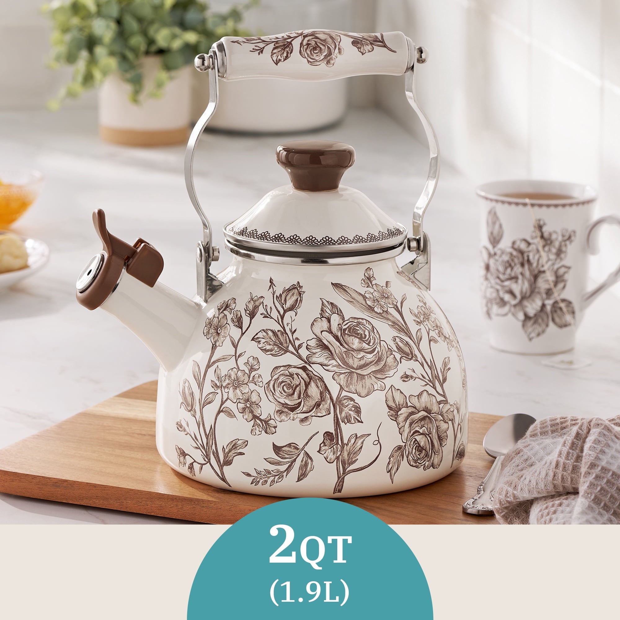 The Pioneer Woman 2.0-Quart Enamel on Steel Agatha Tea Kettle, Brown