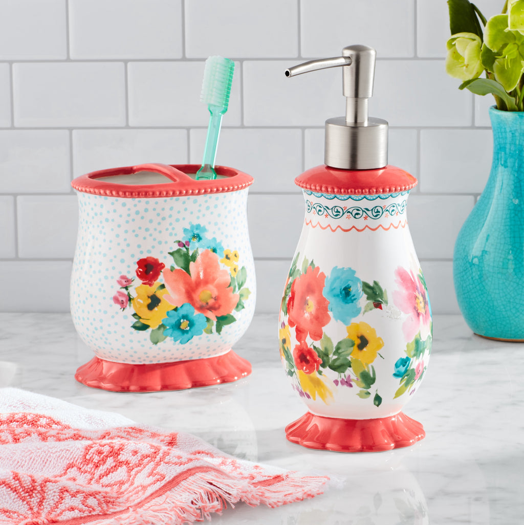 Multi- Color 2 Piece Ceramic Bath Accessories Set, Breezy Blossom | Prairie Lane - View 2