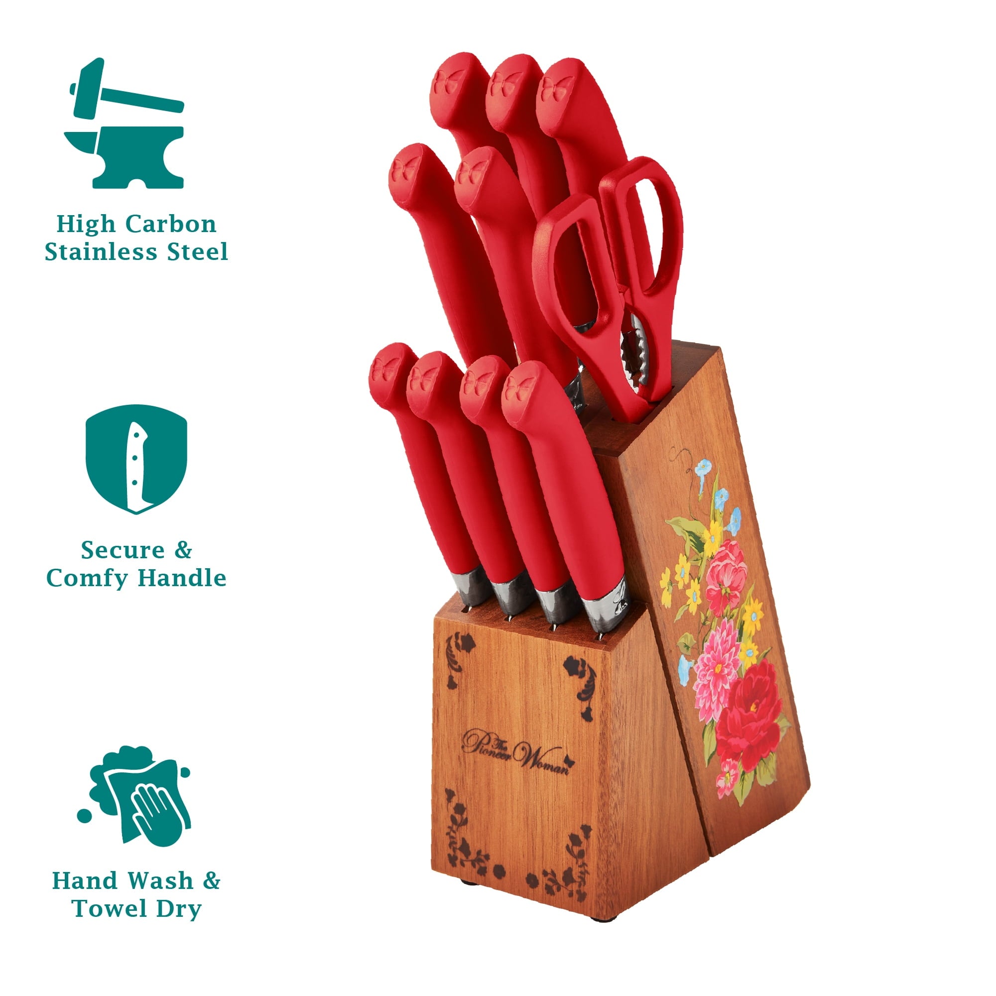 The Pioneer Woman Sweet Rose 11-Piece Stainless Steel Knife Block Set, Red