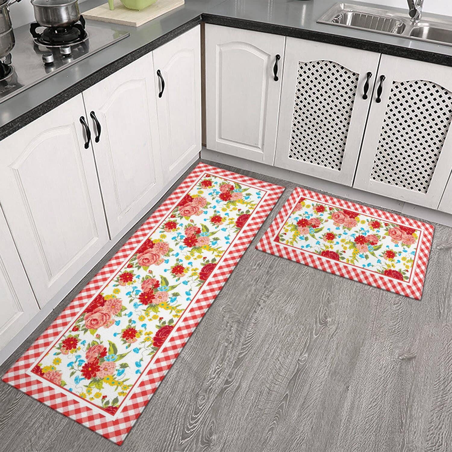 Flower Kitchen Mat Sets 2 Piece Farmhouse Anti Fatigue Waterproof Stain Resistant Floor Rug Non Slip Pioneer Flower Woman Kitchen Laundry Room Rug - 17x30+17x47Inch