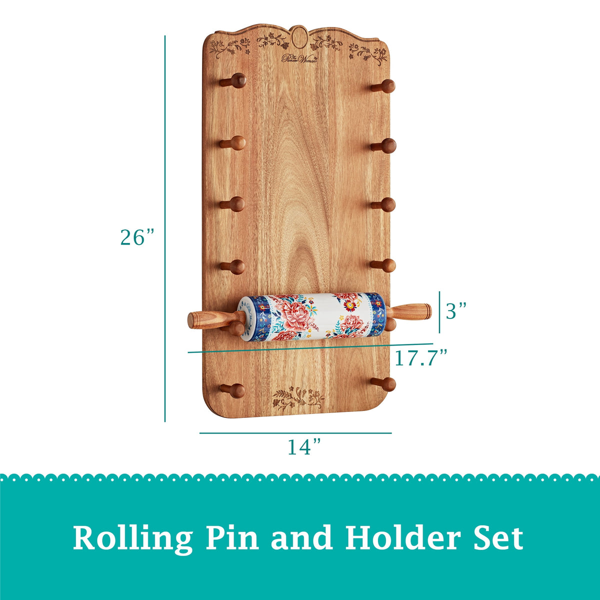 Keepsake Floral 17.7" Ceramic Rolling Pin with Acacia Wood Holder | Prairie Lane - View 3