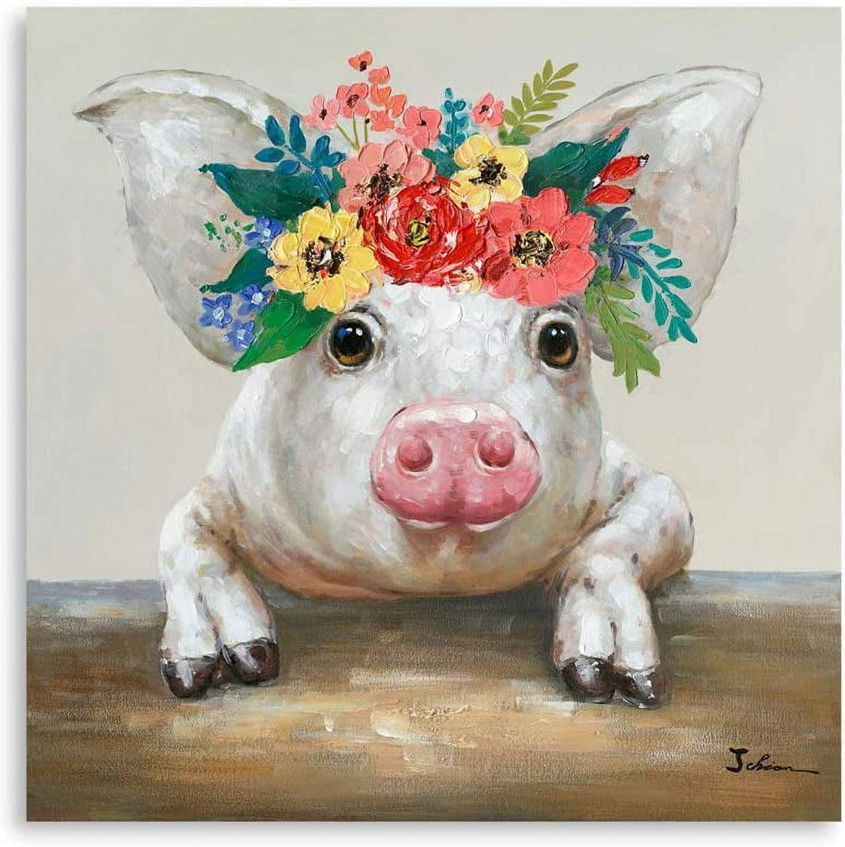 CDDposter Pig Canvas Picture Wall Art: Rustic Pig Floral Crown Wall Decor Farm Animal Wall Art Pioneer Woman Kitchen Farmhouse Home Decorations