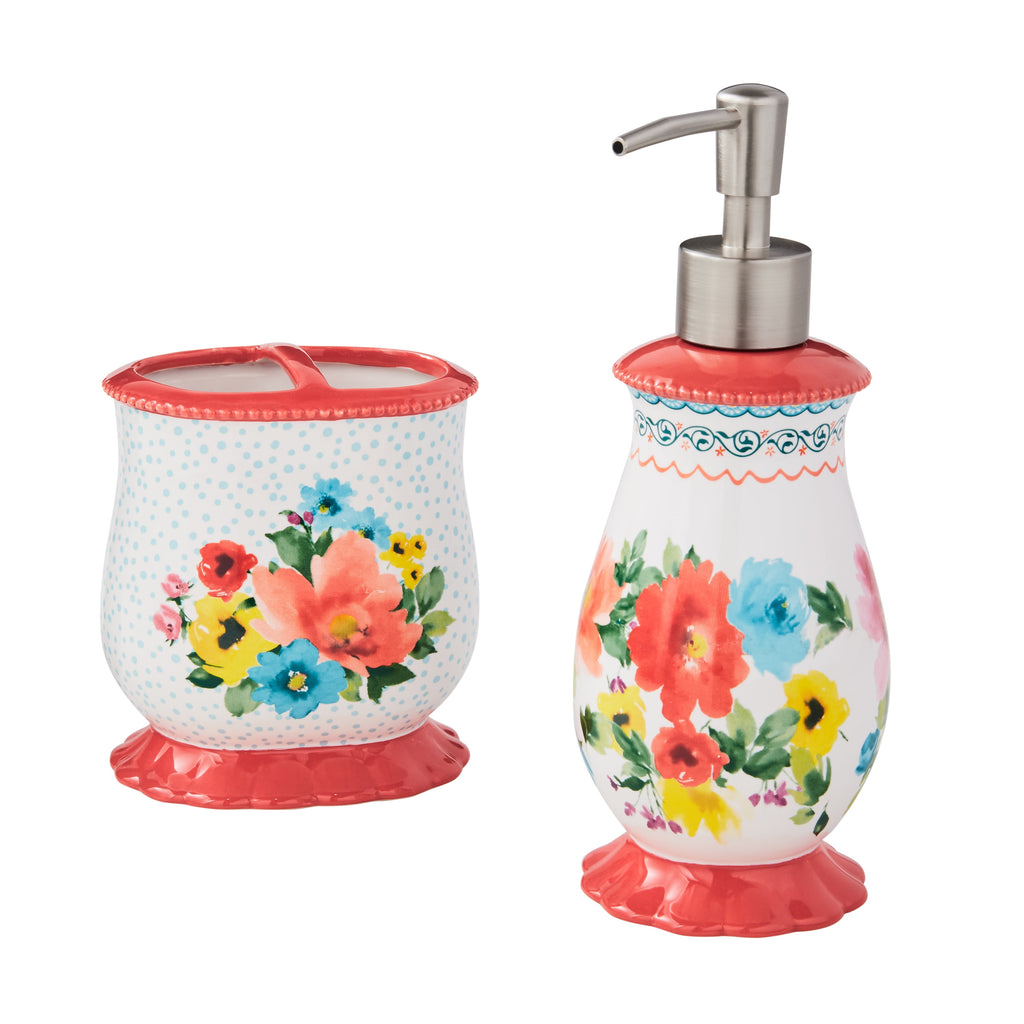 Multi- Color 2 Piece Ceramic Bath Accessories Set, Breezy Blossom | Prairie Lane - View 1