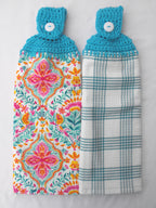 PIONEER FOLK GEO - 2 DOUBLE/FULL HANDMADE CROCHET TOP HANGING KITCHEN TOWEL | Prairie Lane - View 1