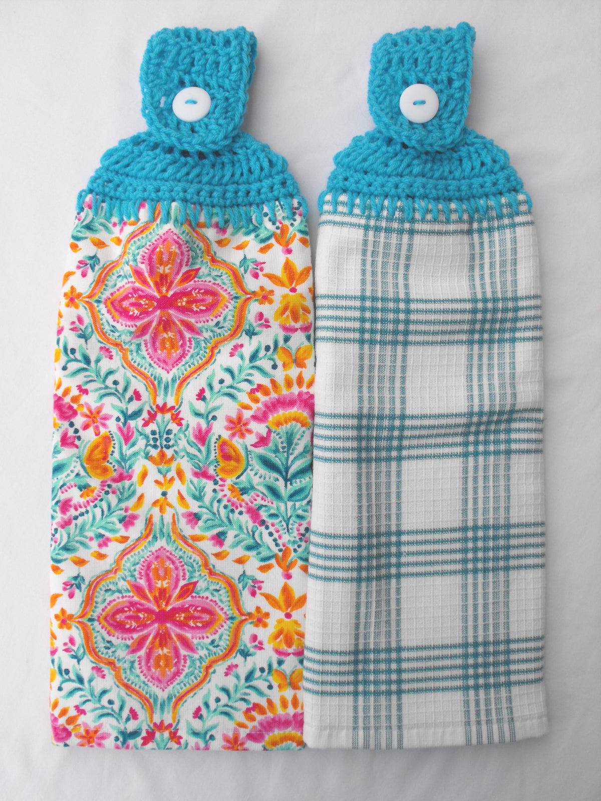 PIONEER FOLK GEO - 2 DOUBLE/FULL HANDMADE CROCHET TOP HANGING KITCHEN TOWEL | Prairie Lane - View 1