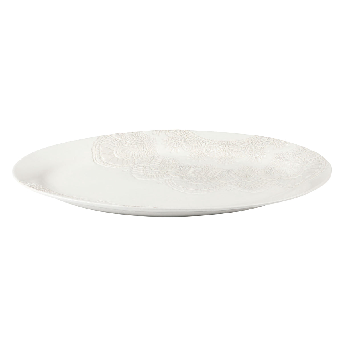 Vintage Lace 20-inch Stoneware Oval Serving Tray Platter, White | Prairie Lane - View 1