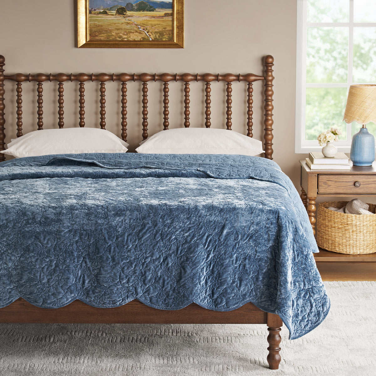 Eloise Floral Velvet Quilt, Full/Queen, Blue Dust Bedding | Prairie Lane - View 1
