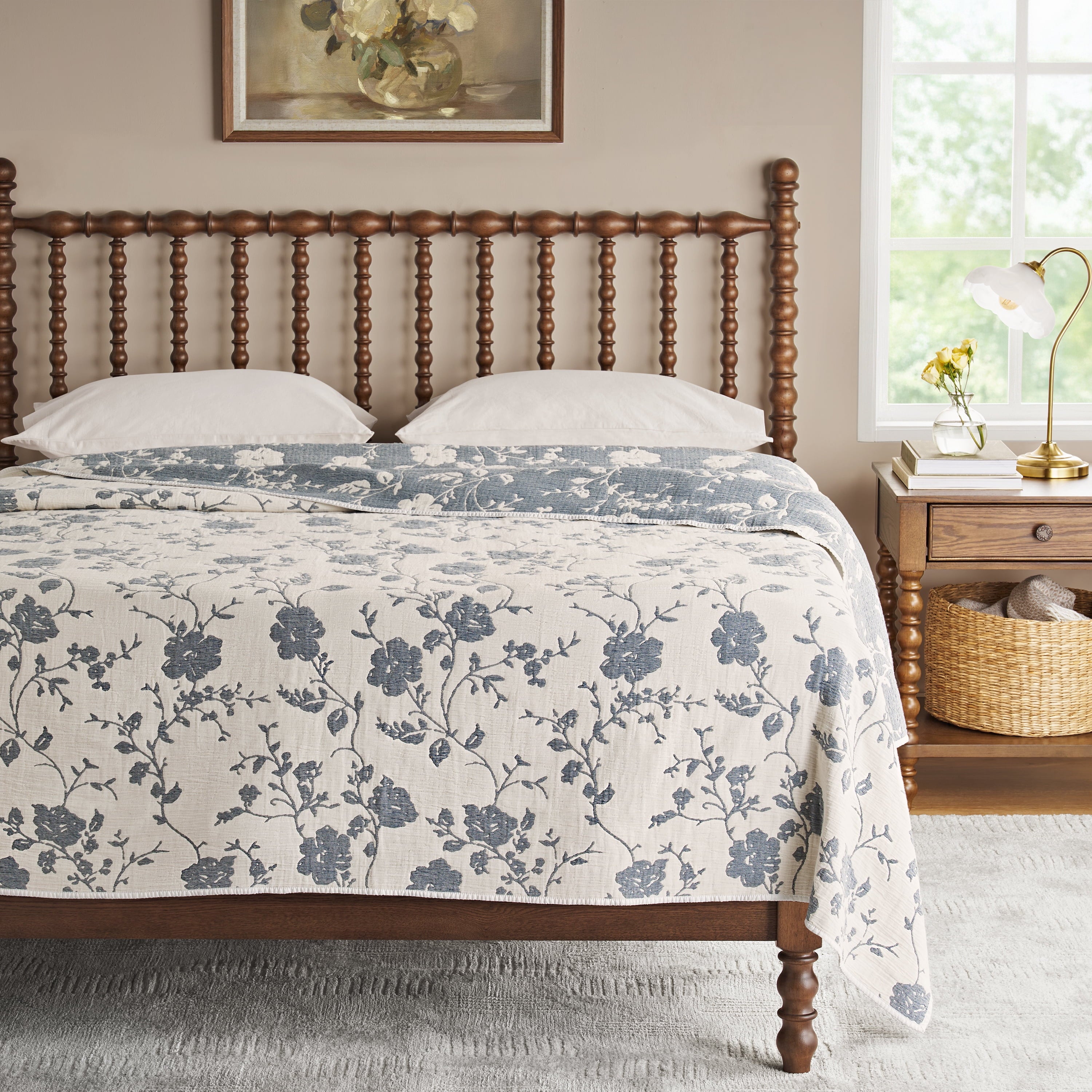 Agatha Floral Gauze Quilt, Full/Queen, Blue Dust, Reversible Bedding | Prairie Lane - View 1