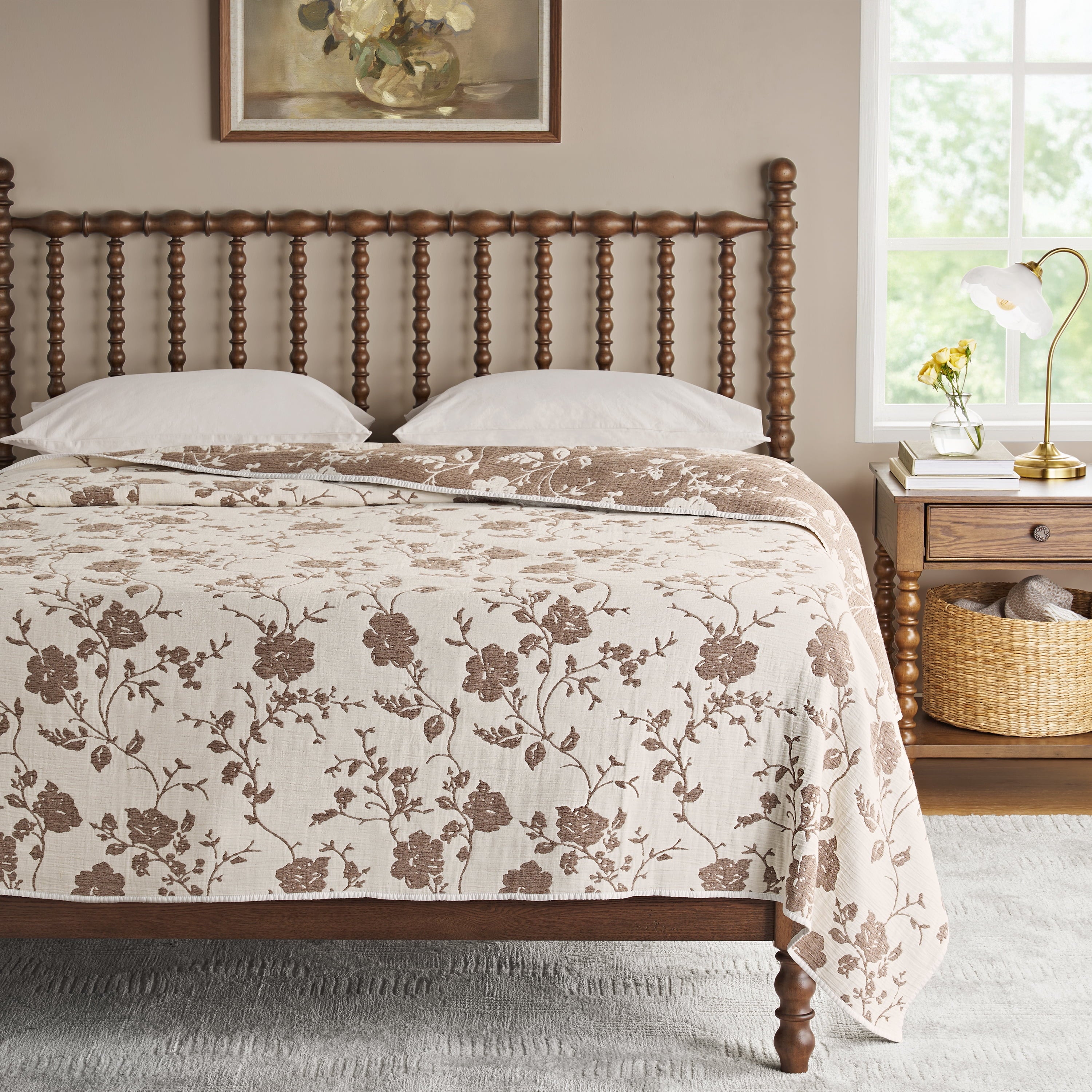 Agatha Floral Gauze Quilt, Full/Queen, Blue Dust, Reversible Bedding | Prairie Lane