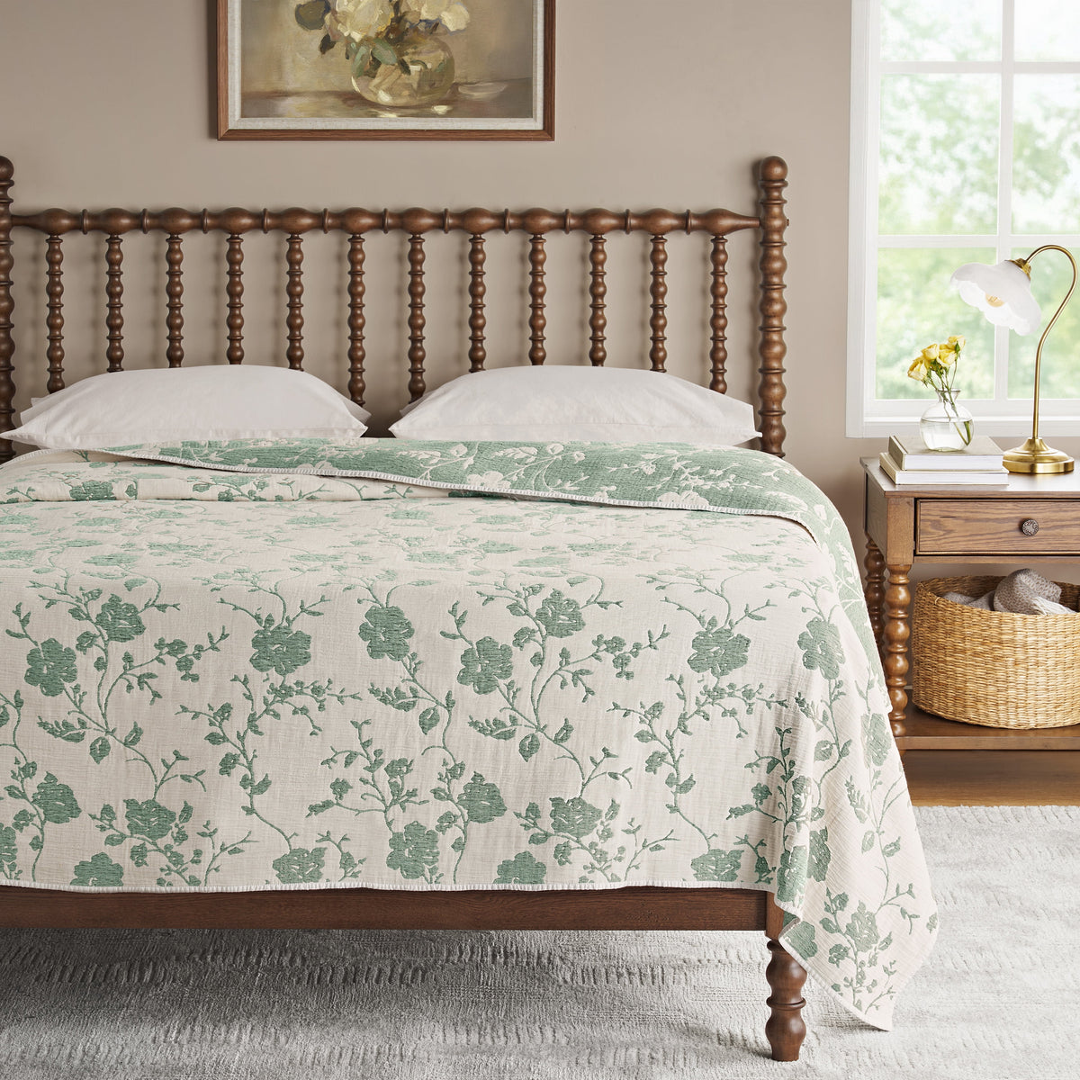 Agatha Floral Gauze Quilt, Full/Queen, Blue Dust, Reversible Bedding | Prairie Lane