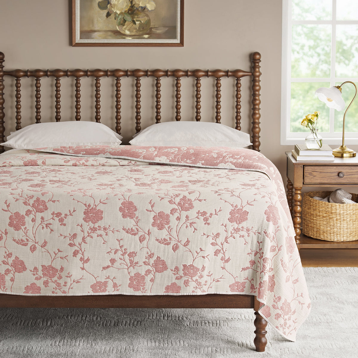 Agatha Floral Gauze Quilt, Full/Queen, Blue Dust, Reversible Bedding | Prairie Lane