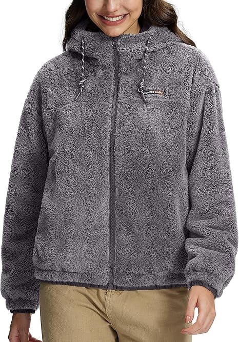 Women's Fuzzy Fleece Jacket Lightweight Full Zip Up Sherpa Jacket with Hood | Prairie Lane