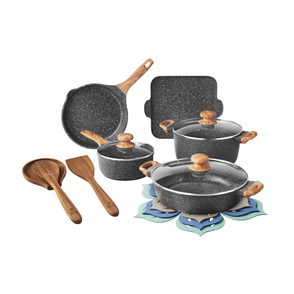The Pioneer Woman Prairie Signature 14-Piece Cast Aluminum Cookware Set, Charcoal