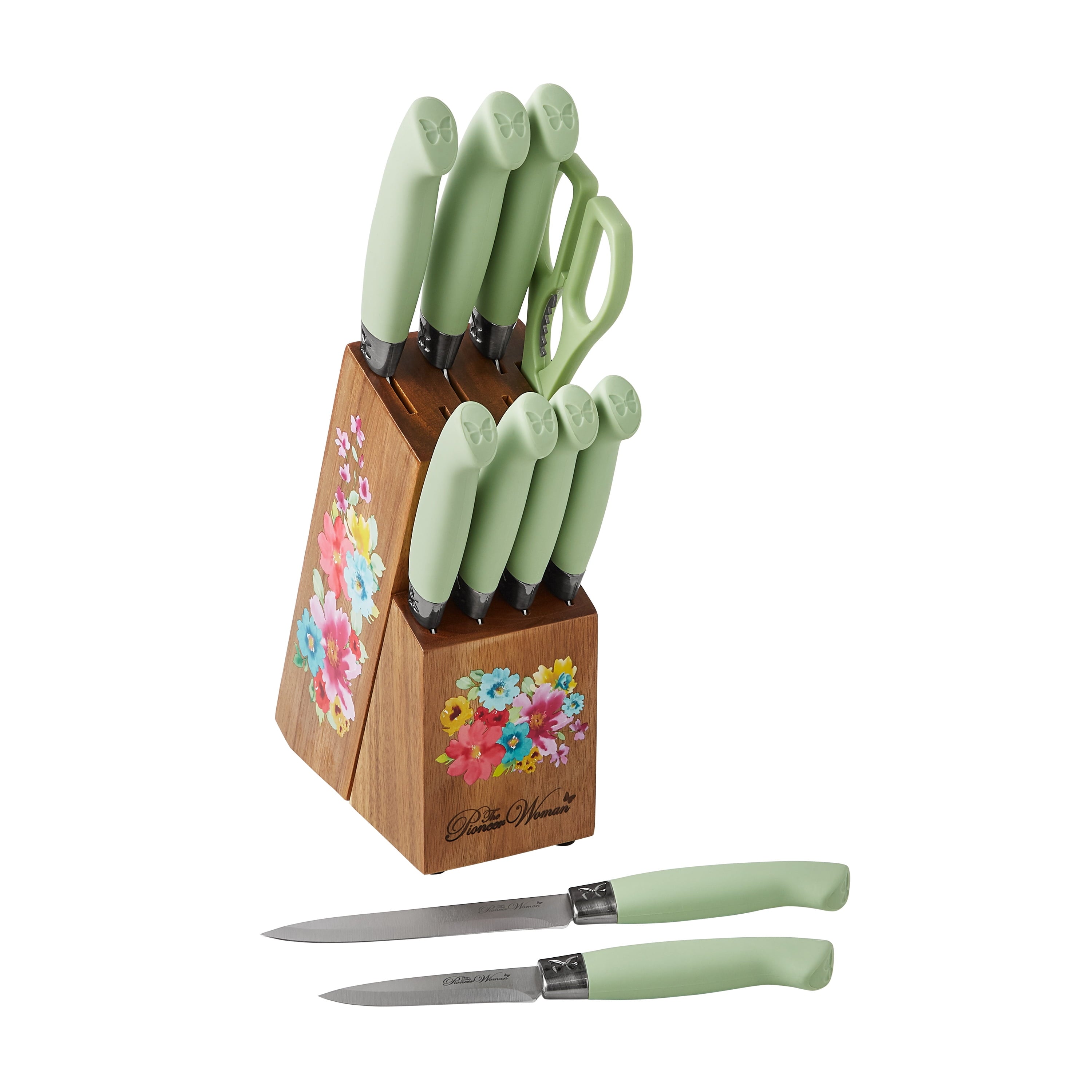 The Pioneer Woman Sweet Rose 11-Piece Stainless Steel Knife Block Set, Red
