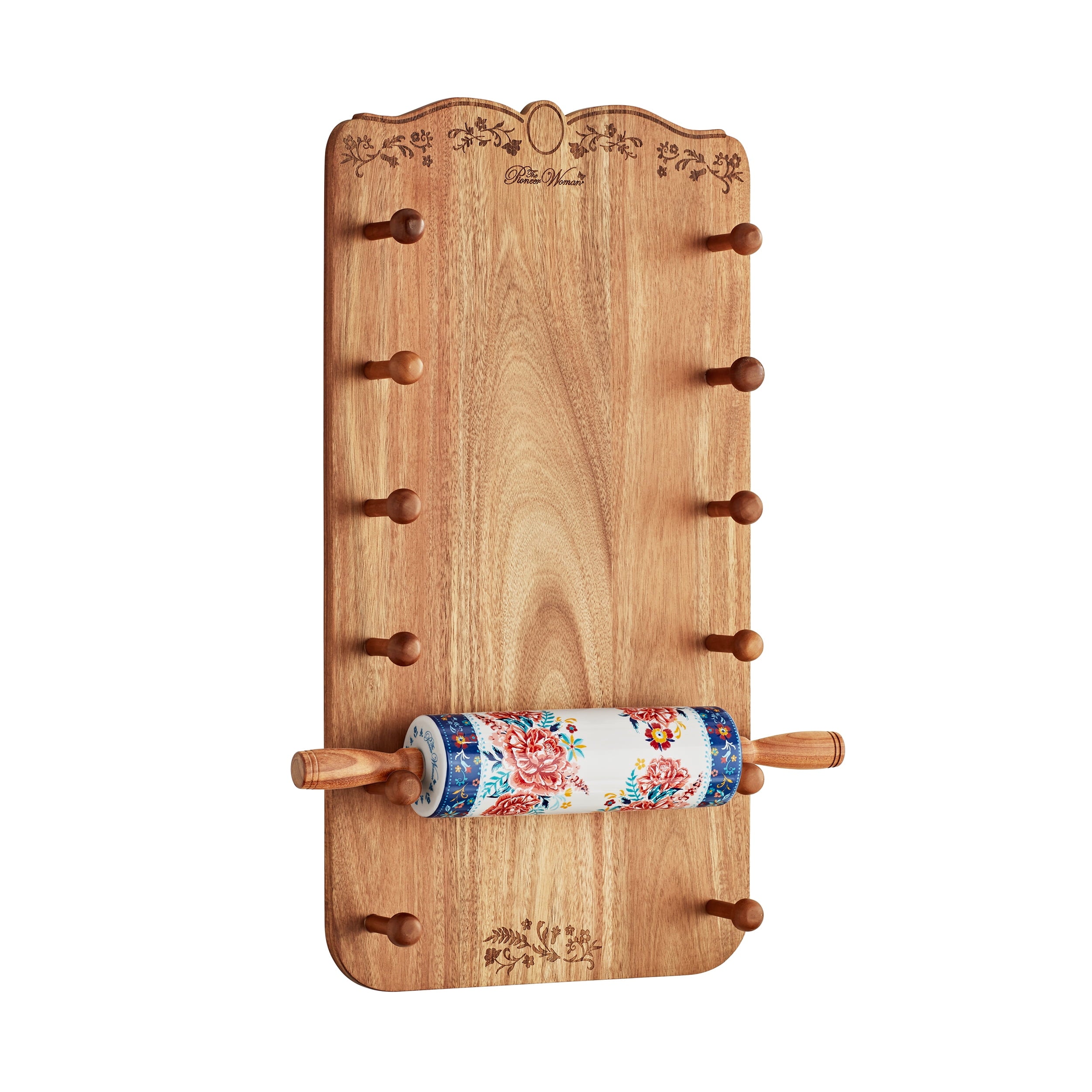 Keepsake Floral 17.7" Ceramic Rolling Pin with Acacia Wood Holder | Prairie Lane - View 1