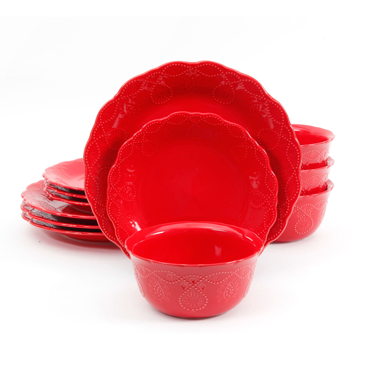 Cowgirl Lace 12-Piece Dinnerware Set, Red | Prairie Lane - View 1