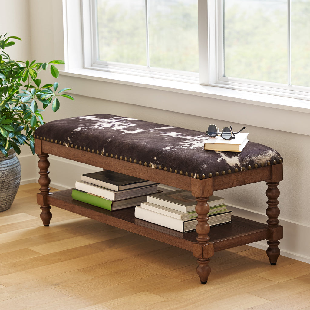 Harper Bench, Faux Cowhide Fabric | Prairie Lane - View 1