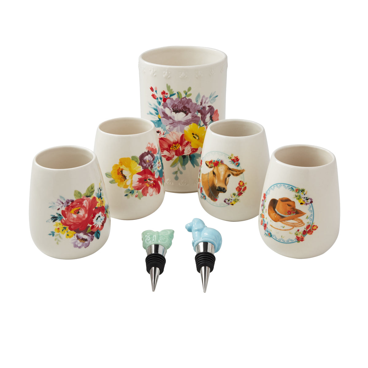 Sweet Rose 7-Piece Stoneware Stemless Wine Glasses Set with Chiller | Prairie Lane - View 1