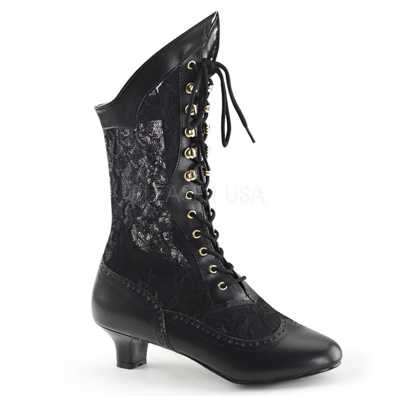 DAME-115 - 2" Heel, Blk Pu-Lace Victorian Ankle Boot, Lace, Pioneer-Blk | Prairie Lane