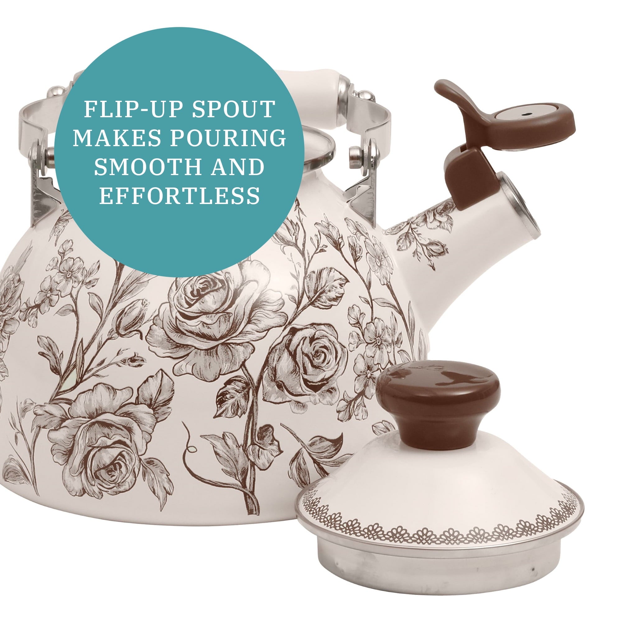 The Pioneer Woman 2.0-Quart Enamel on Steel Agatha Tea Kettle, Brown