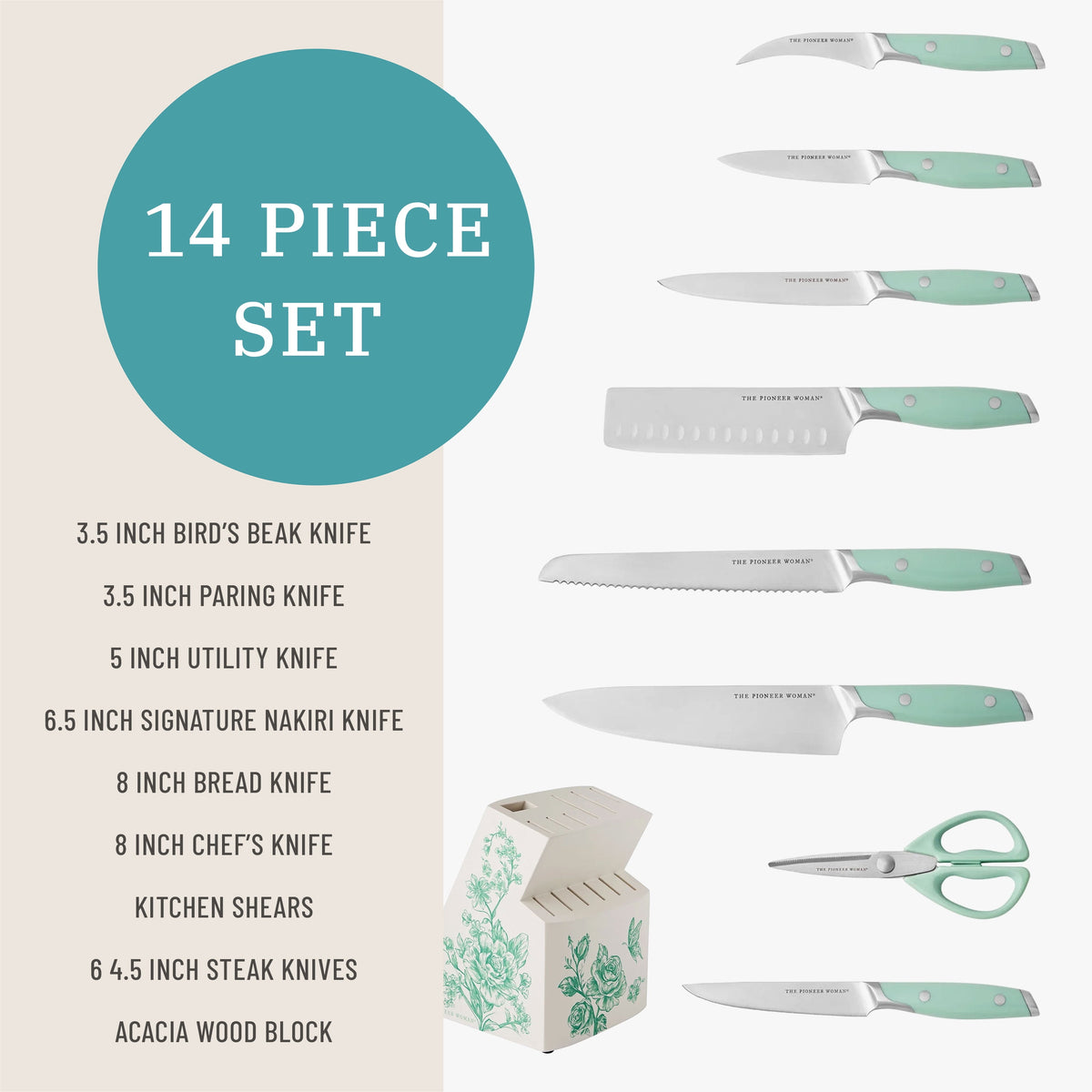 The Pioneer Woman  14 Pieces Knife Set with Decal Block Stainless Steel Knives, Forged, Green Agatha