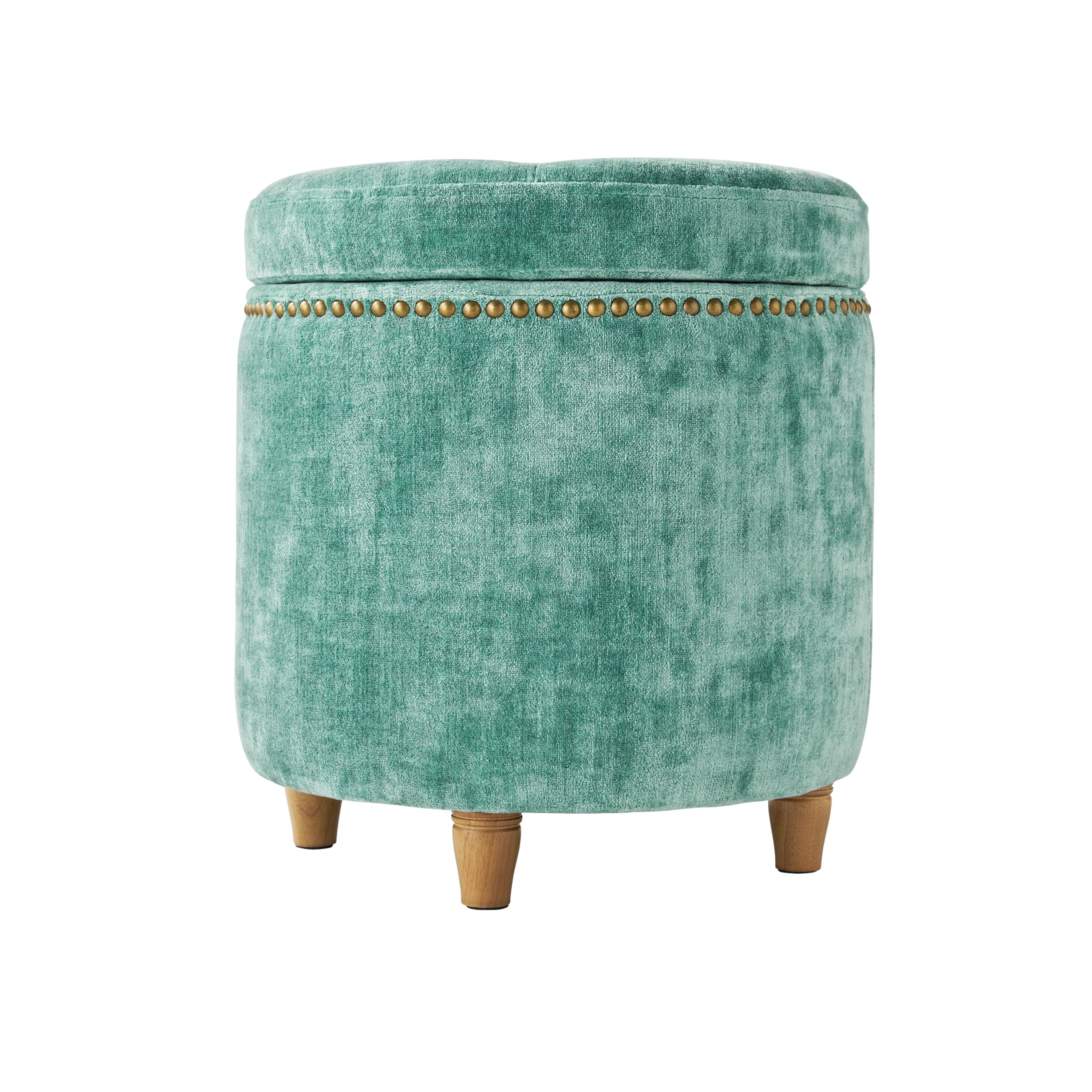 The Pioneer Woman Harper Round Velvet Storage Ottoman, Jade, 17.72 in