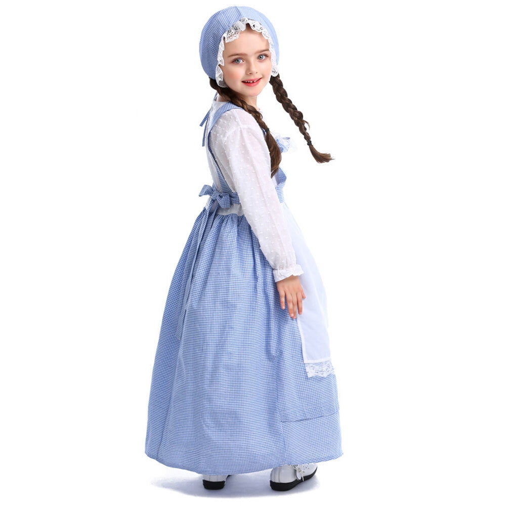 Girls Pioneer Costume Long Sleeve Dress with Apron colonial bonnet for 3-12Y