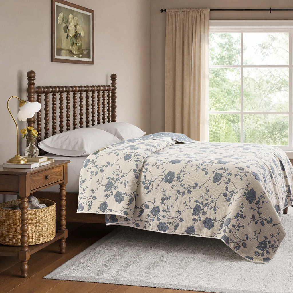Agatha Floral Gauze Quilt, Full/Queen, Blue Dust, Reversible Bedding | Prairie Lane - View 4