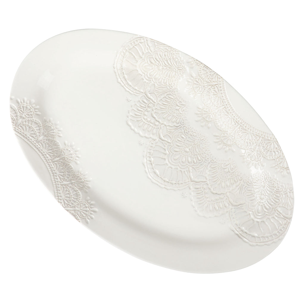 Vintage Lace 20-inch Stoneware Oval Serving Tray Platter, White | Prairie Lane - View 3