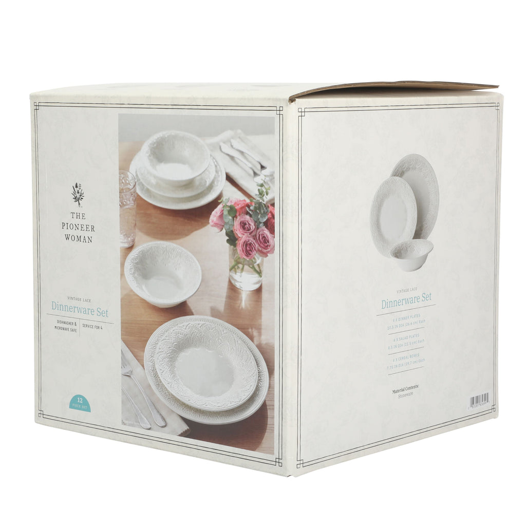 The Pioneer Woman Vintage Lace 12-Piece Ceramic Dinnerware Set, Linen