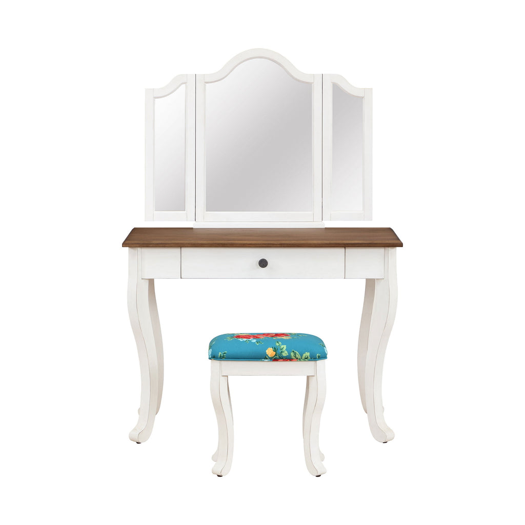 Vanity Set and Stool with Tri-Fold Mirror and Made With Solid Wood Frame, White | Prairie Lane - View 4