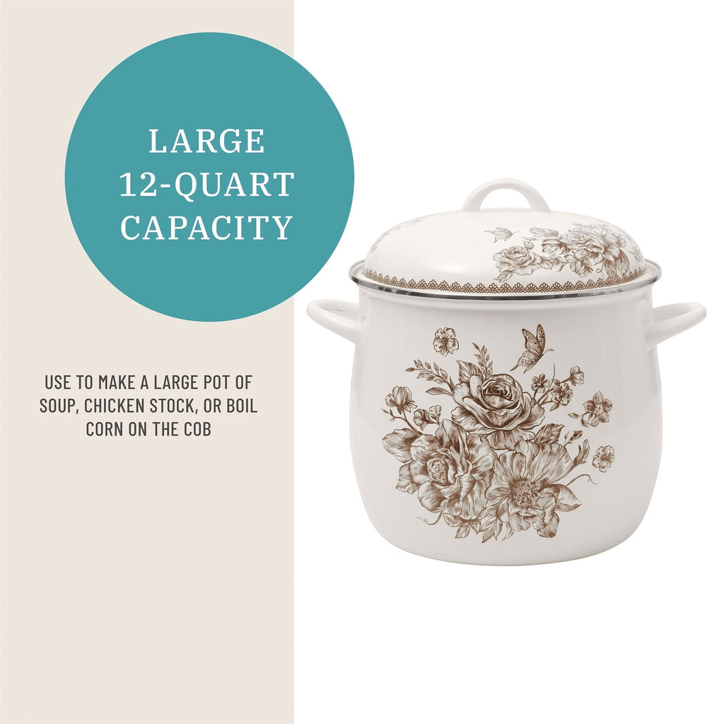 The Pioneer Woman Agatha 12 Qt Enamel on Steel Stock Pot with Lid, Brown