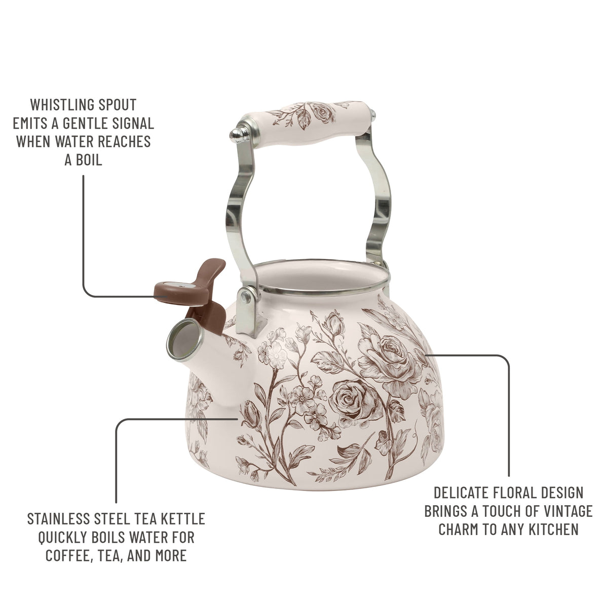 The Pioneer Woman 2.0-Quart Enamel on Steel Agatha Tea Kettle, Brown