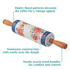 Keepsake Floral 17.7" Ceramic Rolling Pin with Acacia Wood Holder | Prairie Lane - View 4