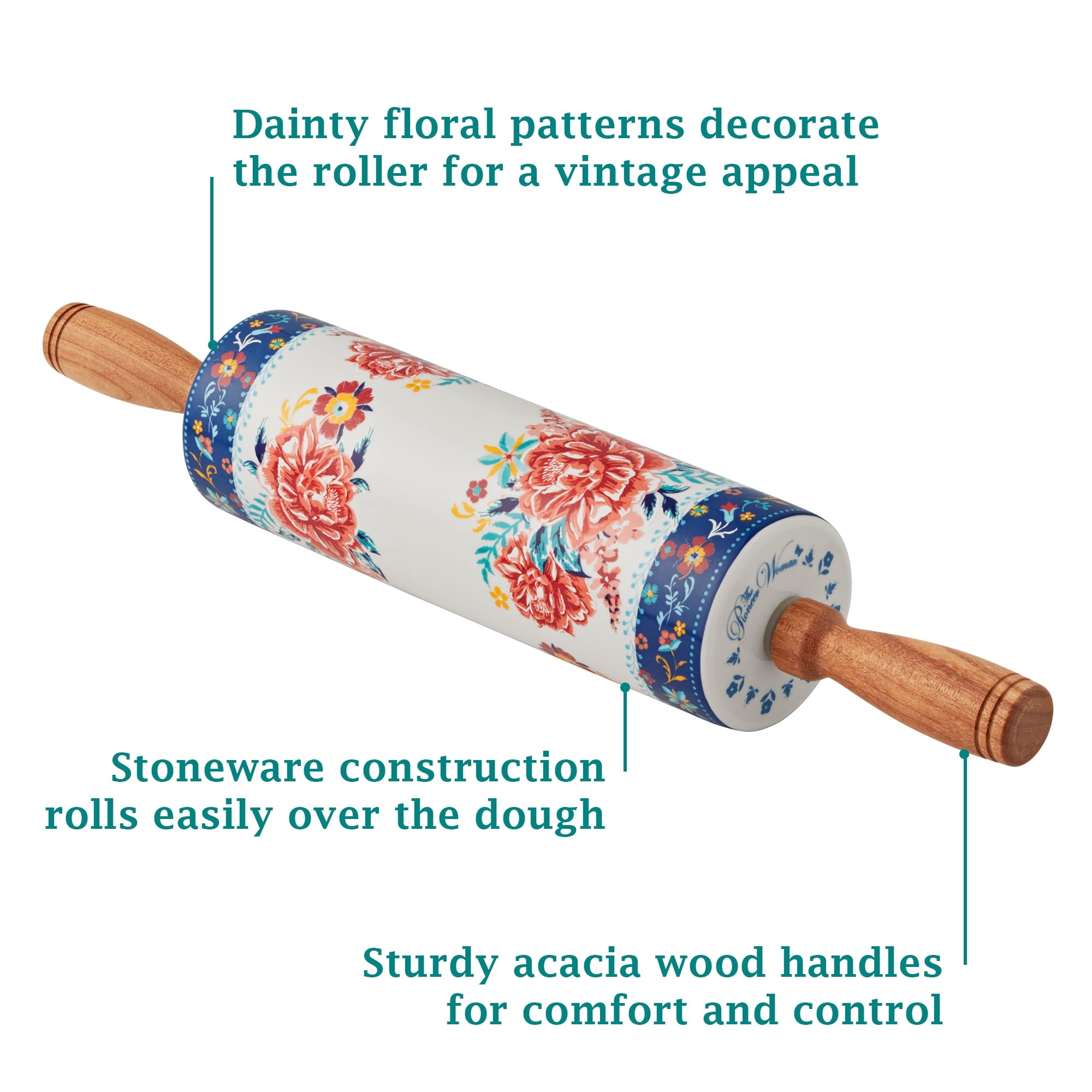 Keepsake Floral 17.7" Ceramic Rolling Pin with Acacia Wood Holder | Prairie Lane - View 4