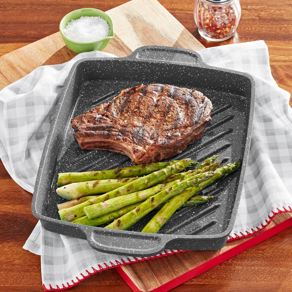 The Pioneer Woman Prairie Signature 10x12 inch Cast Aluminum Nonstick Cowboy Steak Pan with Speckled Design