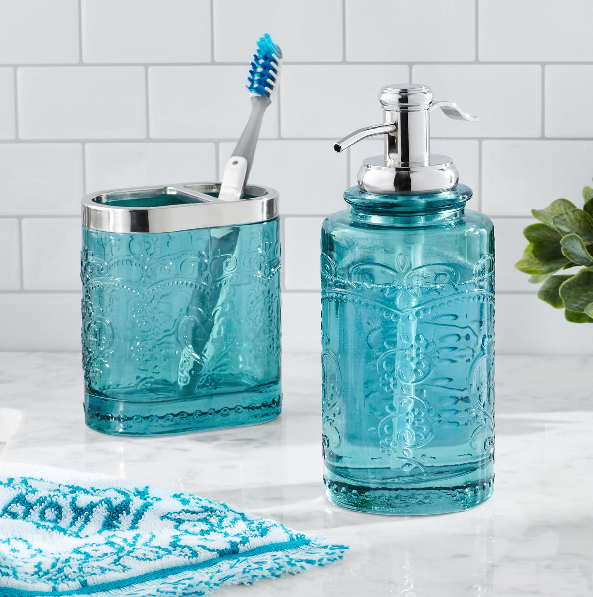 Teal 2 Piece Embossed Glass Bath Accessory Set, The Pioneer Woman Amelia