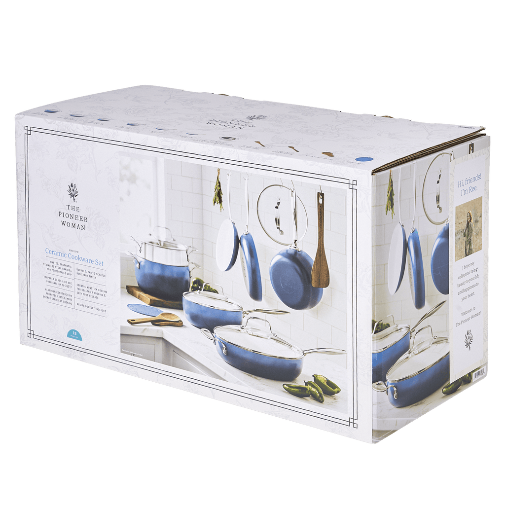 The Pioneer Woman Harlow 15-Piece Cookware Set, Ceramic Non-Stick Pots and Pans Set,  Denim Blue