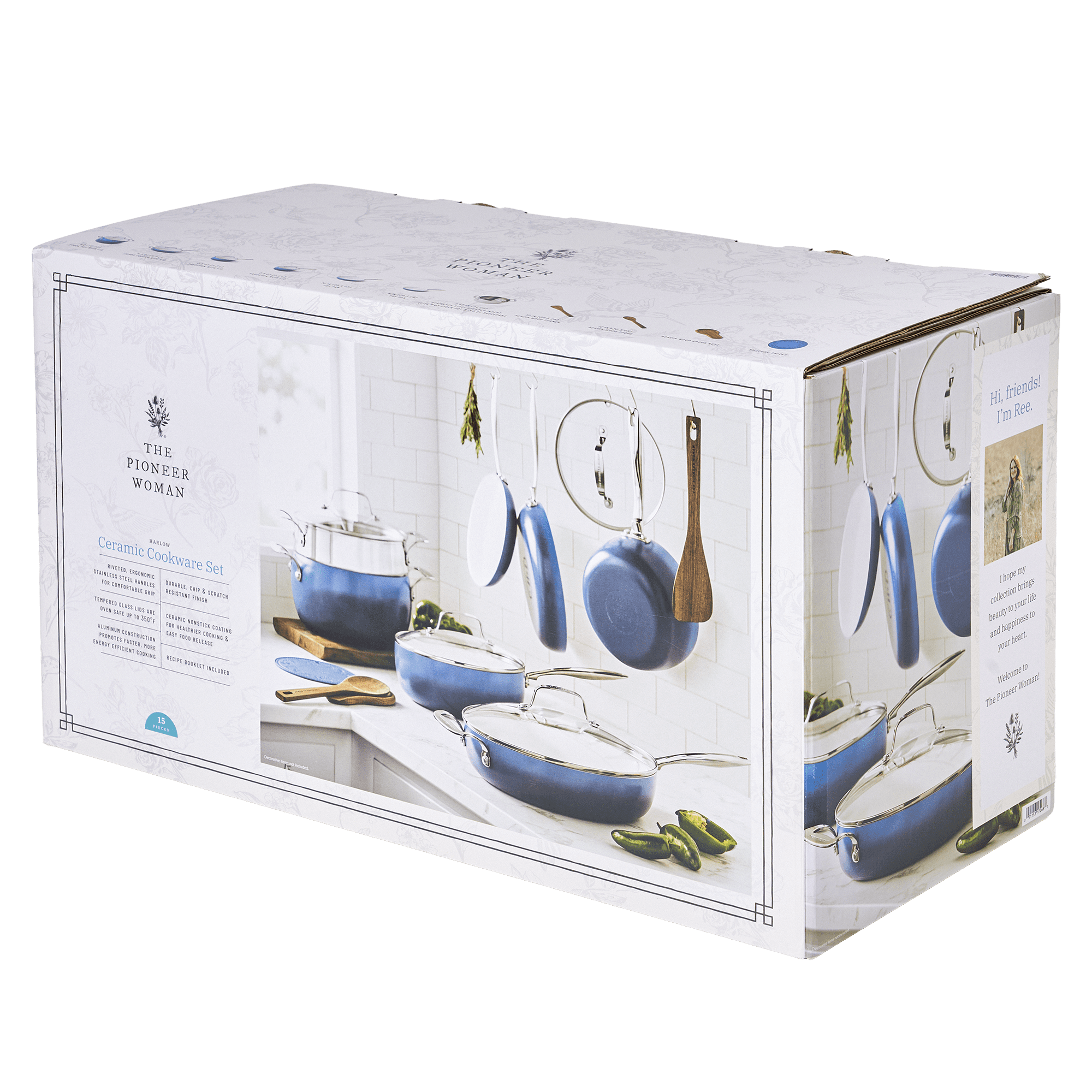 The Pioneer Woman Harlow 15-Piece Cookware Set, Ceramic Non-Stick Pots and Pans Set,  Denim Blue