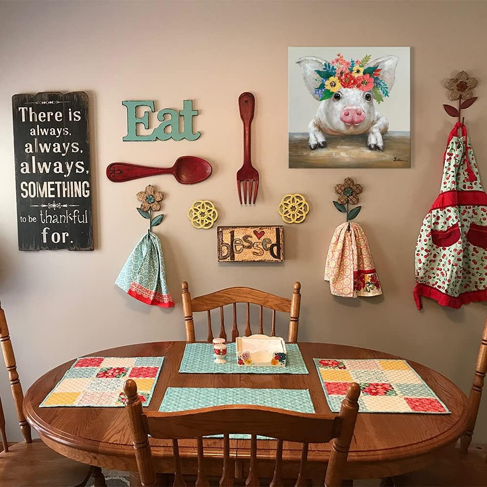 CDDposter Pig Canvas Picture Wall Art: Rustic Pig Floral Crown Wall Decor Farm Animal Wall Art Pioneer Woman Kitchen Farmhouse Home Decorations