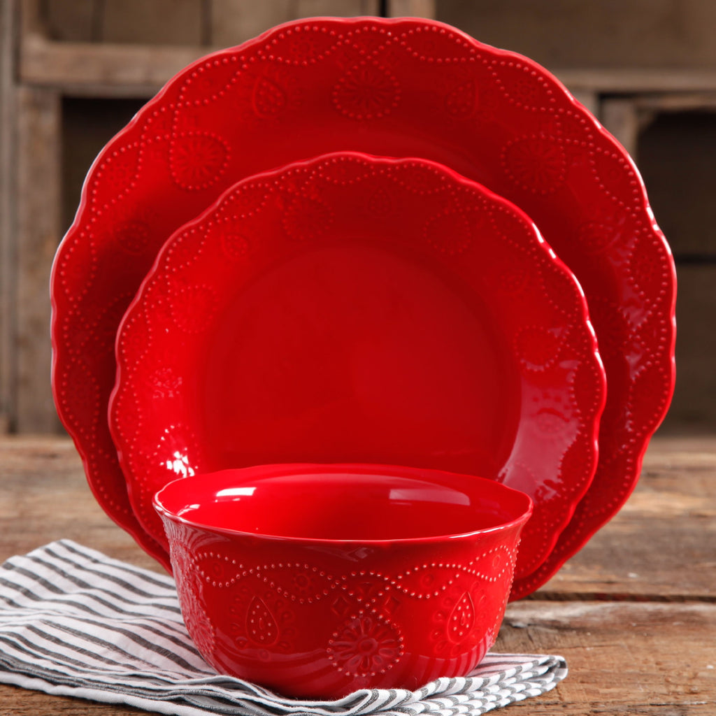 Cowgirl Lace 12-Piece Dinnerware Set, Red | Prairie Lane - View 2